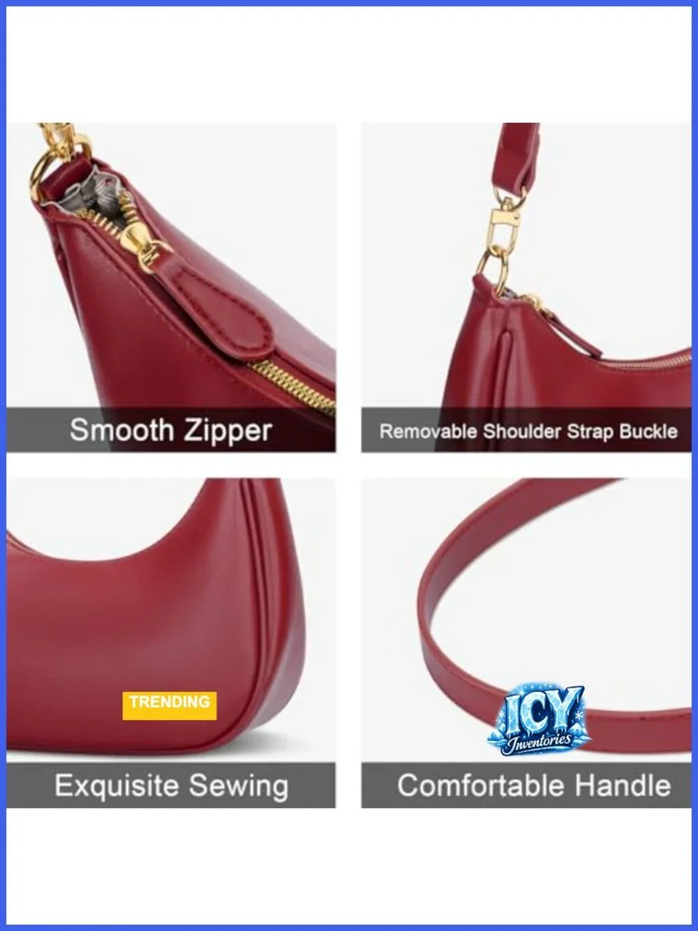 Vegan Leather Crescent Hobo Bag with Detachable Chain Crossbody Shoulder Purse